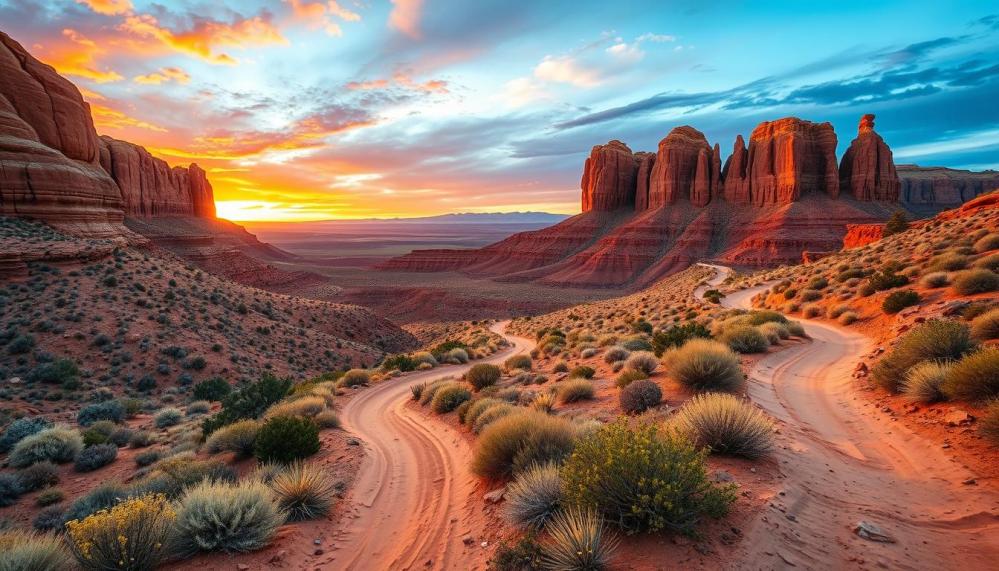 a Red Rock canyon with a mountain in the background