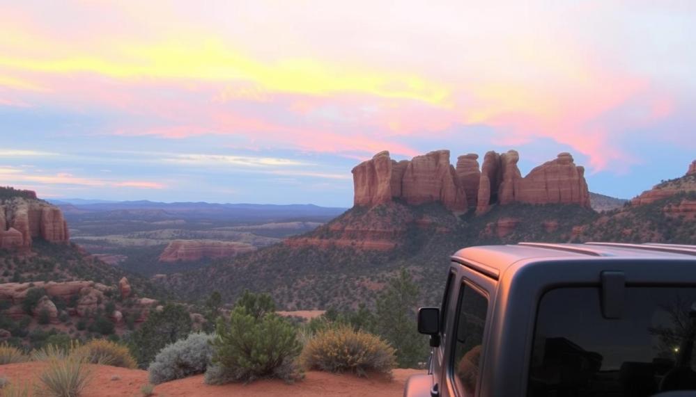 Explore rugged terrain in a Jeep amidst stunning Sedona red rock formations, vibrant sunset hues illuminating the landscape, winding nature trails surrounded by towering red cliffs and unique desert vegetation.