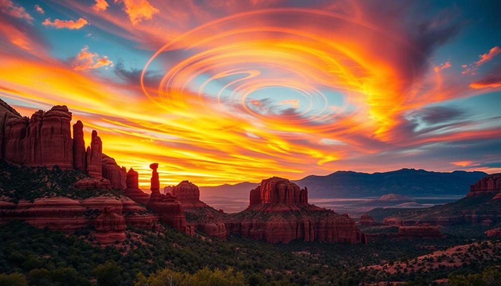 Majestic red rock formations under a vibrant sunset sky, swirling energy patterns in the air, surrounded by lush greenery and distant mountains, capturing the mystical atmosphere of Sedona's vortex sites.