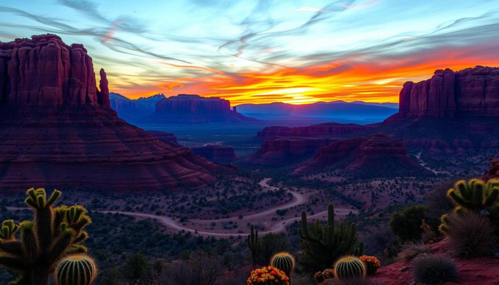 Majestic red rock formations under a vibrant sunset sky, swirling energy patterns in the air, tranquil desert landscapes with cacti and wildflowers, serene atmosphere, showcasing Sedona's natural beauty and spiritual vortex sites.