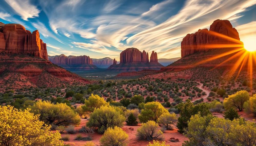 Stunning desert landscape of Sedona, Arizona, showcasing striking red rock formations and vibrant green vegetation, with swirling energy patterns in the air, warm golden light during sunset, peaceful atmosphere, capturing the essence of vortex energy and nature’s beauty.