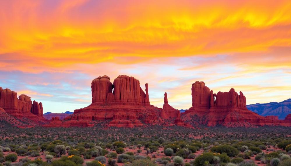 Stunning red rock formations under a vibrant sunset sky, showcasing rugged cliffs and unique geological shapes, surrounded by a lush desert landscape with scattered cacti and wildflowers.