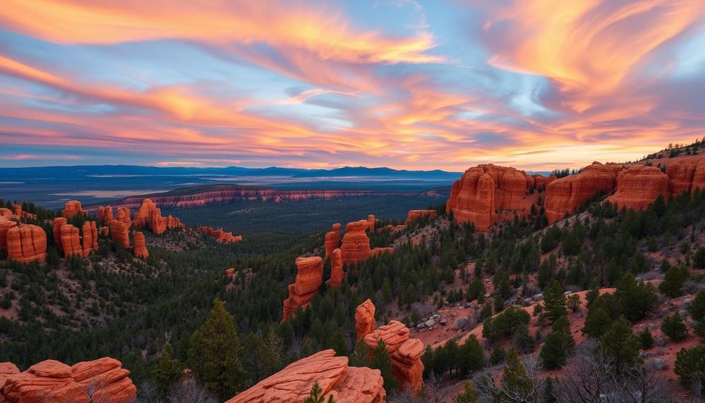 Mogollon Rim geological formations at sunset, vibrant red rock cliffs and evergreen forests, dramatic sky with swirls of orange and purple, rugged terrain, peaceful wilderness setting, serene atmosphere, expansive vista overlooking valleys and distant mountains.