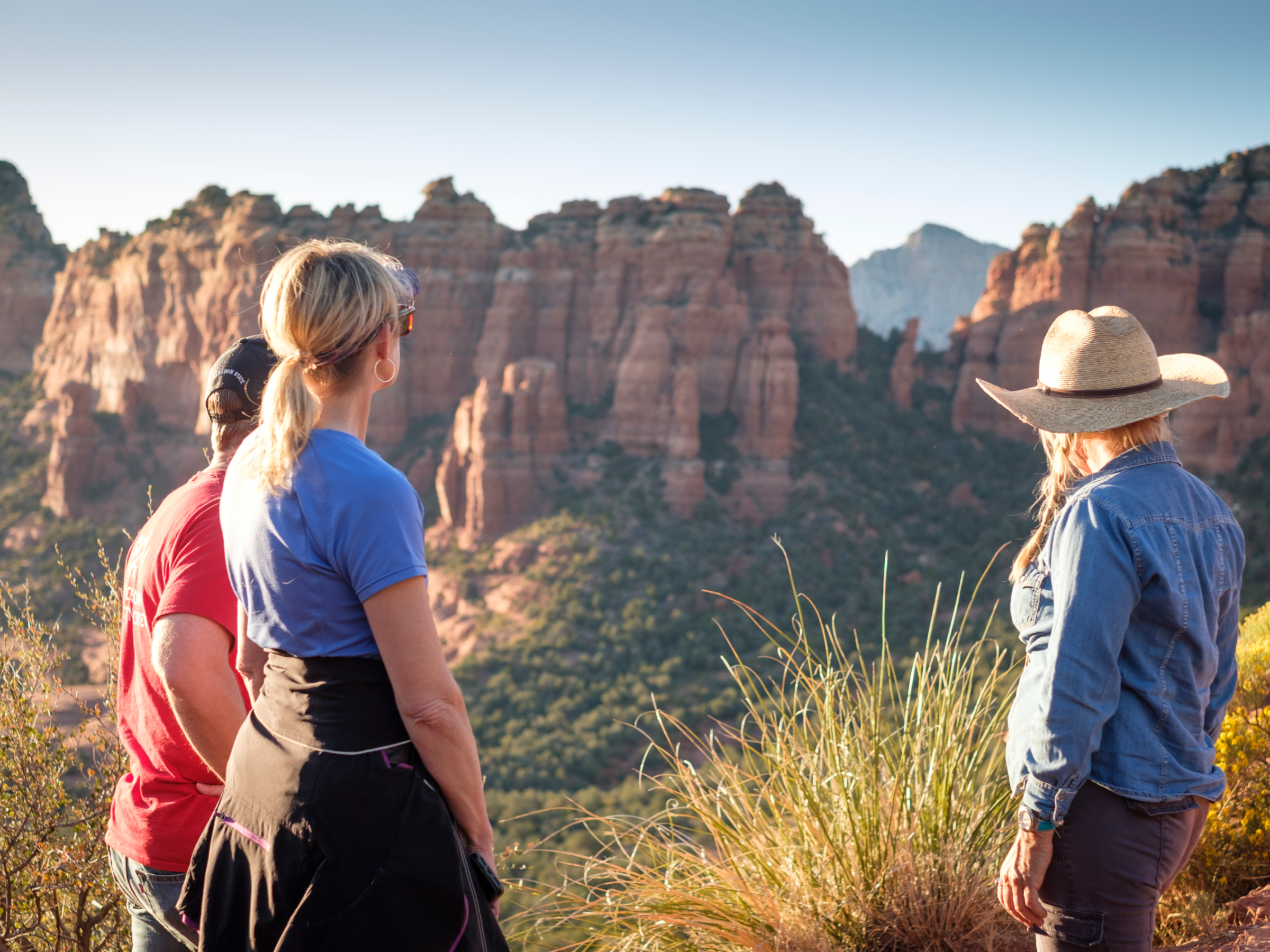 people looking at red rocks